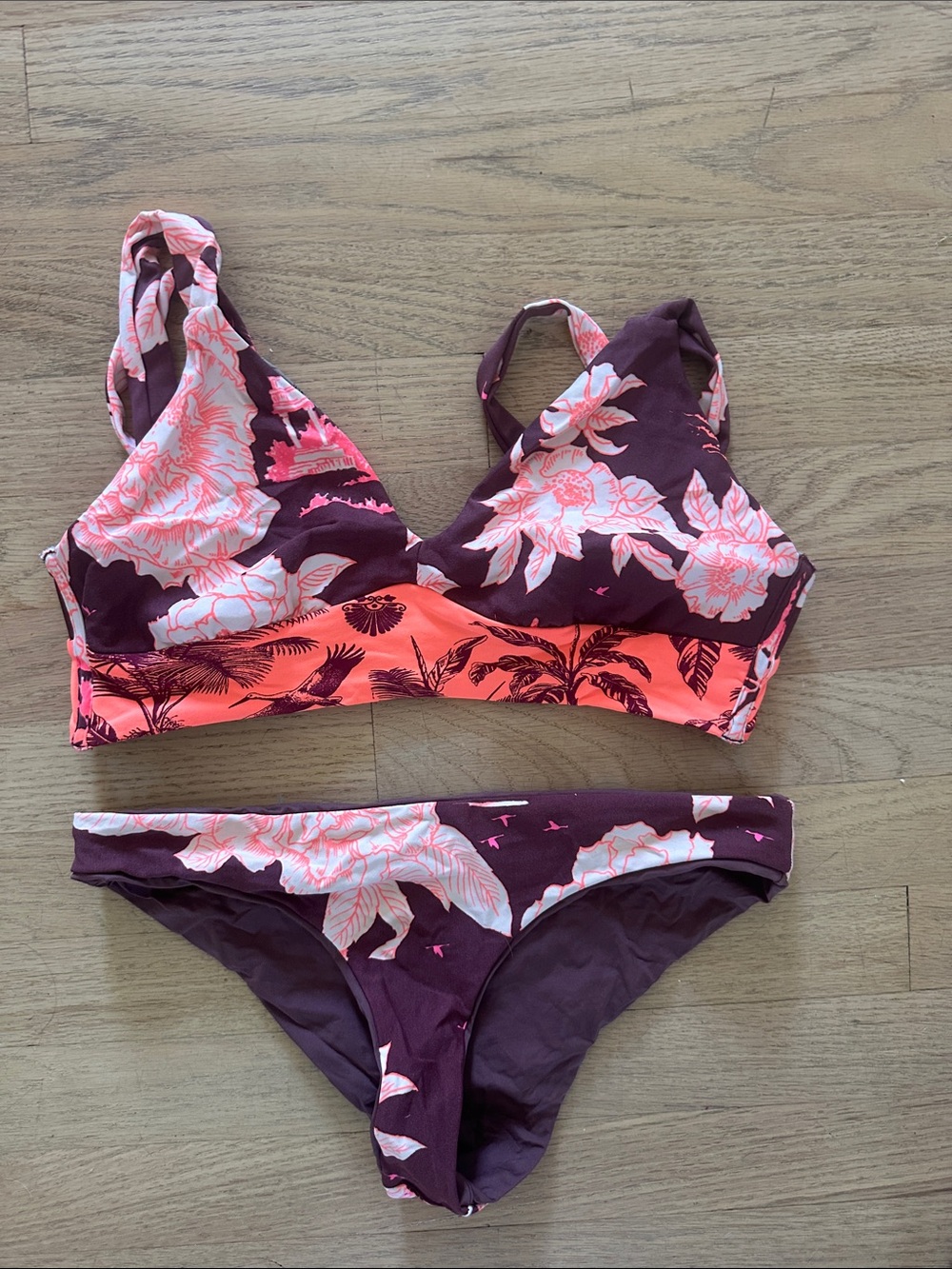 Maaji Floral Bikini Set in Maroon and Coral Pink